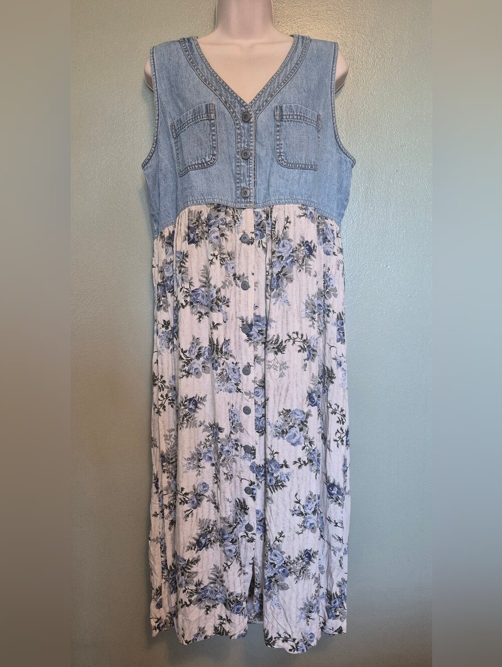 Vintage Denim Republic Midi Dress Floral Skirt Denim Vest Medium